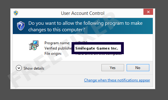 Screenshot where Smilegate Games Inc. appears as the verified publisher in the UAC dialog